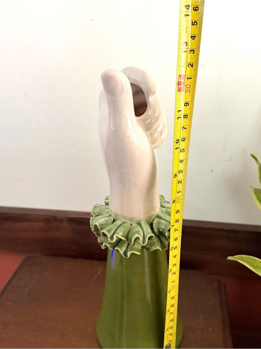 Vintage Green Ruffle Sleeve Ceramic Hand Vase Kitschy Mid Century Decor Coquette